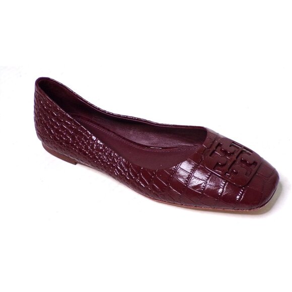 TORY BURCH Croc Embossed Logo Ballet Flats Shoes Claret 8 - Picture 7 of 10